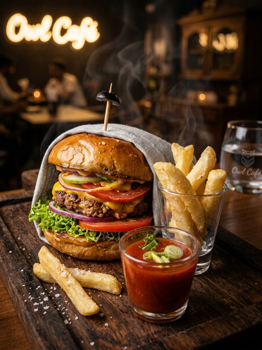 Burger with crispy fries and a tomato soup shot at Owl Cafe