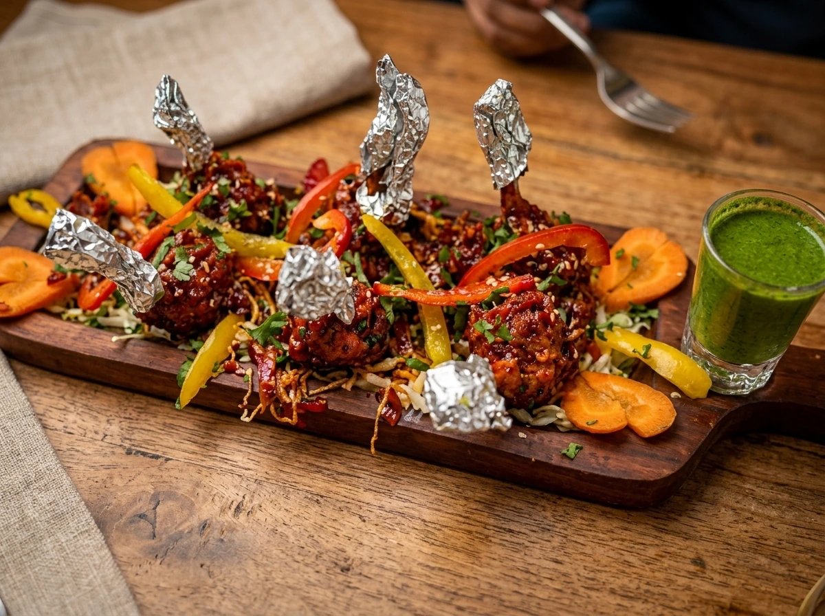 Starter platter served on a wooden board with green chutney