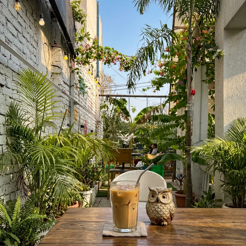 Owl Cafe's leafy garden entrance