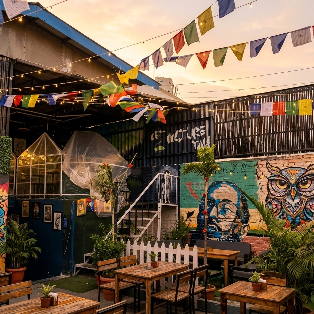 Murals and prayer flags on the Owl Cafe terrace